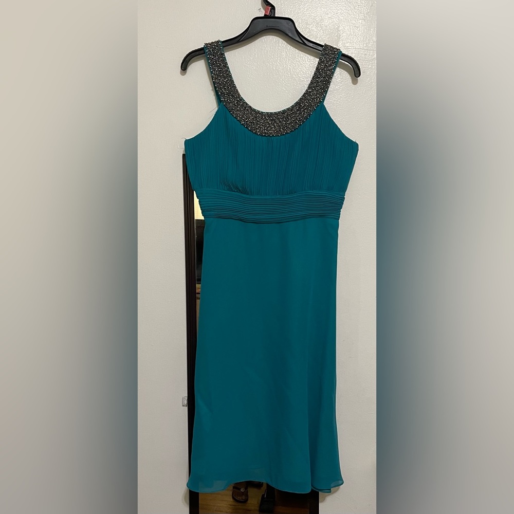 Beaded embellished necklace teal party dress, worn once, sleeveless Size L